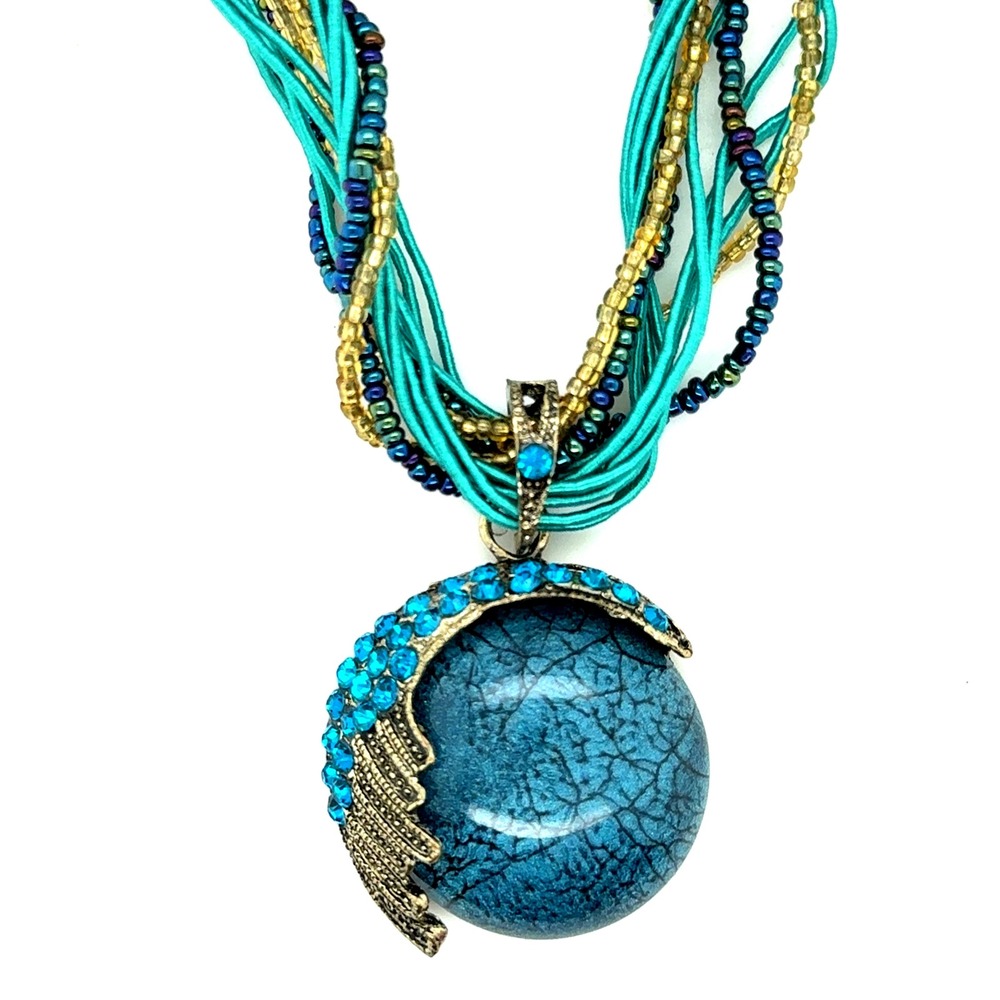 Teal Crackle Stone Wing Pendant Multi Strand Beaded Statement Necklace 17-19"‎